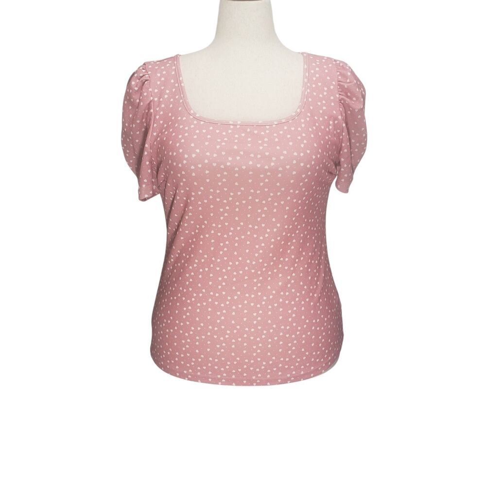 In’Voland 16W Blush Pink Puff Sleeve Heart Print Top Plus Size Stretch Blouse